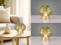 MeineWunschleuchte 2er SET Retro Akku Tischleuchten Mit Glas Lampenschirm Grün, Höhe 14cm