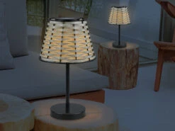MeineWunschleuchte 2er SET Solar LED Tischleuchten Schwarz Mit Lampenschirm Rattanoptik Höhe 32cm -Licht Welt Geschaft 2er set solar led tischleuchten schwarz mit lampen 4