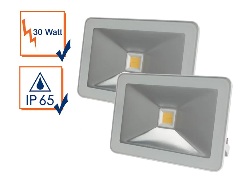 Perel 30 Watt LED Strahler ALU 2er SET, 3000 Kelvin Warmweiß, IP65, 15x21cm 1 Perel 30 Watt LED Strahler ALU 2er SET, 3000 Kelvin Warmweiß, IP65, 15x21cm