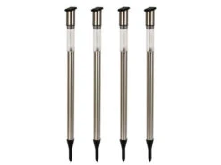 Perel 4 LED Solarleuchten Mit Erdspieß, Edelstahl, Dämmerungssensor, Höhe 70 Cm