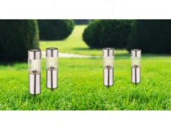 Globo 4 Stück LED Solarleuchten Mit Erdspieß, Höhe 25 Cm, Gartenlampen Edelstahl -Licht Welt Geschaft 4 stueck led solarleuchten mit erdspiess hoehe 25 1 2