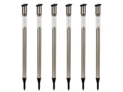 Perel 6 LED Solarleuchten Mit Erdspieß, Edelstahl, Dämmerungssensor, Höhe 70 Cm