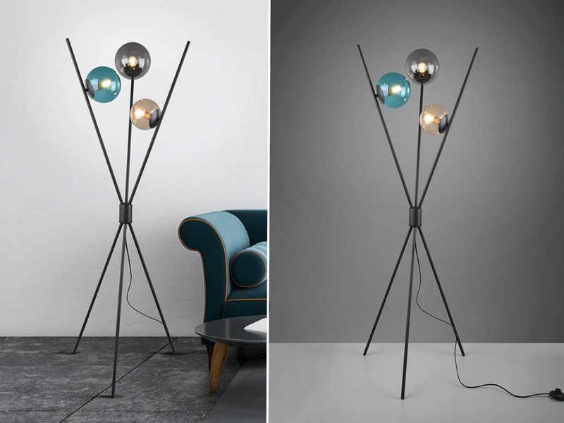 Trio Leuchten Ausgefallene Dreibein Stehleuchte LANCE Mit Bunten Glaskugeln & Fußschalter 1 Trio Leuchten Ausgefallene Dreibein Stehleuchte LANCE Mit Bunten Glaskugeln & Fußschalter