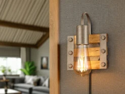 Trio Leuchten Ausgefallene Wandleuchte KHAN Mit Holzbrett & Metall In Silber Antik