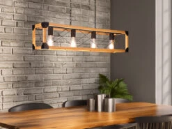 Trio Leuchten Balken Pendelleuchte TENALI 4 Flammig Schwarz Mit Holzbalken Breite 100cm