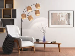 MeineWunschleuchte Bogenlampe 5flammig LED Dimmbar 190cm Groß, Metall Schwarz Lampenschirme Seegras