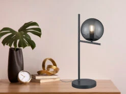 MeineWunschleuchte Design LED Tischleuchte In Anthrazit Mit Lampenschirm Glaskugel Rauchfarbig