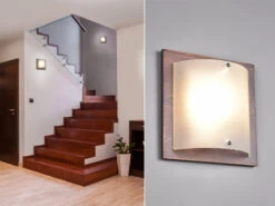 MeineWunschleuchte Flache LED Wandleuchte Holzlampe Braun Mit Glasschirm Weiß, 25x25 Cm