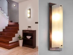 MeineWunschleuchte Flache LED Wandleuchte Holzlampe Braun Mit Glasschirm Weiß, 45x14 Cm