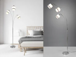 MeineWunschleuchte Große LED Stehleuchte 3-flammig Mit Stoffschirmen In Weiß/Grau, Höhe 185cm