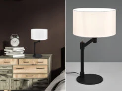 MeineWunschleuchte Große LED Tischlampe Schwarz Matt Mit Stoffschirm Weiß - Höhe 48,3cm