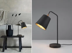 MeineWunschleuchte Große Tischleuchte Spot Schwenkbar, Metall & Stoffschirm Schwarz/Gold, Höhe 45cm