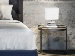 MeineWunschleuchte Kleine LED Tischlampe Weiß Mit Keramikfuß In Steinoptik & Stoffschirm Eckig