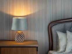 Reality Leuchten Kleine Retro Tischleuchte ARIANA Mit Samtschirm In Grün/Gold, Höhe 27cm