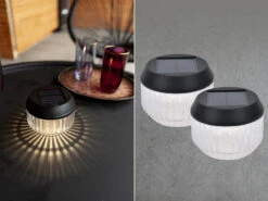 Lutec Kleine Solar Tischleuchte DIVA 2er SET Geriffeltes Glas, Ø11cm Höhe 8cm