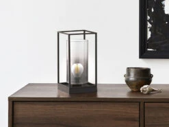 Fischer & Honsel Kleine Tischlampe SAMU Schwarz Mit Rauchglas - Höhe 30cm