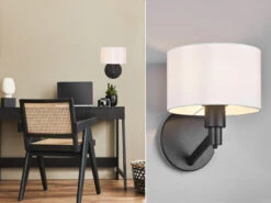 Trio Leuchten Kleine Wandleuchte CASSIO Schwarz Matt Mit Schalter & Stoffschirm Weiß