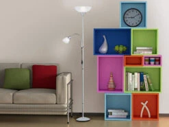 MeineWunschleuchte LED Deckenfluter Silber Mit Flexibler Leselampe, Höhe 180cm