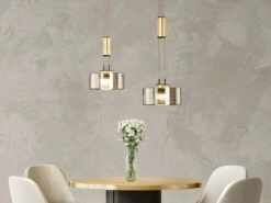 Fischer & Honsel LED Pendelleuchte LAVIN 2flammig Rauchglas / Gold Höhenverstellbar Dimmbar, 64cm