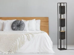 MeineWunschleuchte LED Stehlampe 3flammig Schwarz Stoffschirme Innen Gold - Höhe 130cm