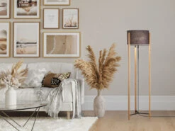 MeineWunschleuchte LED Stehlampe Mit Dreibein Holzfuß & Lampenschirm Leinen Grau, Höhe 152-160cm -Licht Welt Geschaft led stehlampe mit dreibein holzfuss lampenschirm l 7