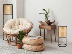 MeineWunschleuchte LED Stehlampe Schwarz Lampenschirm Rund Rattan Optik - Bodenleuchte Innen -Licht Welt Geschaft led stehlampe schwarz lampenschirm rund rattan opt 4