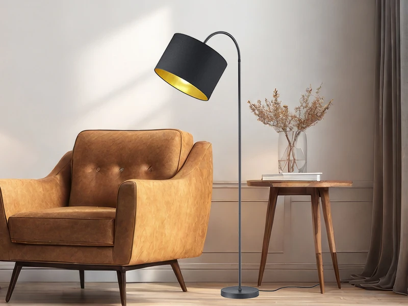 Trio Leuchten LED Stehleuchte Mit Flexgelenk Und TEXTIL Lampenschirm Ø35cm In Schwarz/Gold 1 Trio Leuchten LED Stehleuchte Mit Flexgelenk Und TEXTIL Lampenschirm Ø35cm In Schwarz/Gold