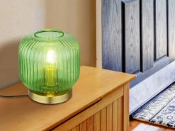 MeineWunschleuchte LED Tischleuchte Aus Rillenglas Grün Messing, Ø 20cm -Licht Welt Geschaft led tischleuchte aus rillenglas gruen messing 20cm 5