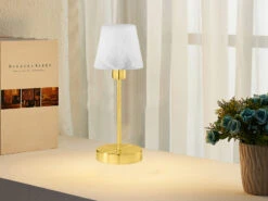 MeineWunschleuchte LED Tischleuchte Glasschirm Weiß Sockel Messing - Touch Dimmbar, Ø12cm