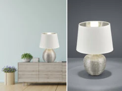 Reality Leuchten LED Tischleuchte Keramik Mit Stoffschirm Weiß Innen Silber, Höhe 35cm