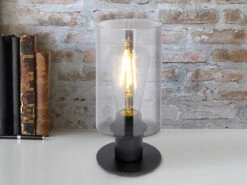 MeineWunschleuchte LED Tischleuchte Mit Rauchglas Zylinder Lampenschirm, Metall Schwarz