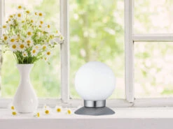 Reality Leuchten LED Tischleuchte PRINCESS Silber Glasschirm Weiß Dimmbar Touch Sensor, Ø10cm -Licht Welt Geschaft led tischleuchte princess silber glasschirm weiss 1 2