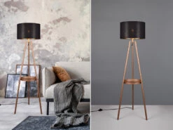 MeineWunschleuchte LED Tripod Stehleuchte Mit Stoffschirm In Schwarz/Gold & Ablagetisch, H 152cm