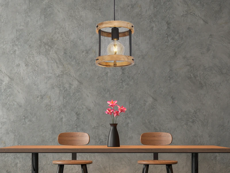 Globo Pendelleuchte JEANIE Mit Holz 1-flammig, Gitter Schwarz, Ø20cm 1 Globo Pendelleuchte JEANIE Mit Holz 1-flammig, Gitter Schwarz, Ø20cm