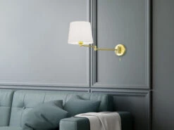 Trio Leuchten Schwenkbare LED Wandleuchte Mit Stoffschirm Weiß & Gelenkarm Messing -Licht Welt Geschaft schwenkbare led wandleuchte mit stoffschirm weiss 1 3