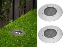 MeineWunschleuchte Solar LED Bodeneinbaustrahler 2er SET Für Außen, Edelstahl Rund Ø14cm IP67