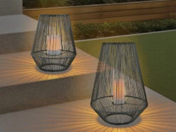 MeineWunschleuchte Solar LED Tischleuchten 2er SET Grau Kerzen Flackern Ø26cm & Ø37cm