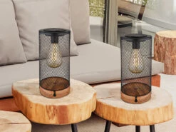 MeineWunschleuchte Solar Tischleuchten 2er SET Drahtgeflecht Schwarz Mit Holzsockel, Höhe 25,5cm