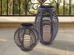 MeineWunschleuchte Solarlaternen 2er SET Groß & Klein, Rattanoptik Mit Kerze, Hängend Oder Stehend