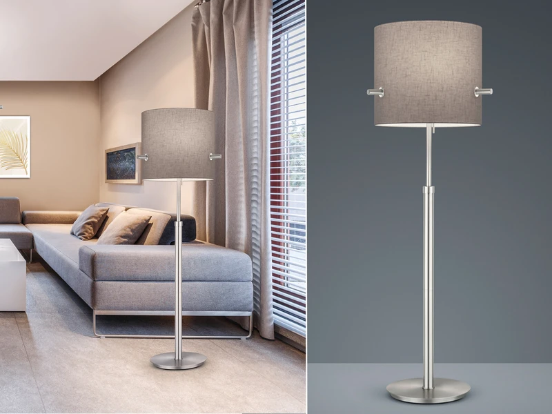 Trio Leuchten Stehlampe CAMDEN Silber Mit Stoffschirm Grau Höhenverstellbar 145-187cm 1 Trio Leuchten Stehlampe CAMDEN Silber Mit Stoffschirm Grau Höhenverstellbar 145-187cm