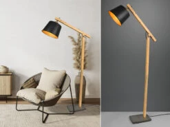 Trio Leuchten Stehleuchte HARRIS Mit Holz Metallschirm Schwarz / Gold, Höhe 156cm