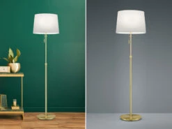 Trio Leuchten Stehleuchte LYON Messing Mit Stoffschirm Weiß, Höhe 138-180cm Verstellbar