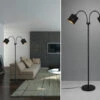 Reality Leuchten Stehleuchte TOMMY 2 Flammig Metall, Stoffschirm Schwarz Gold, Höhe 130cm