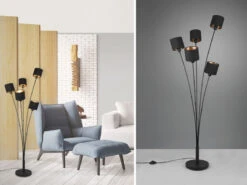 Reality Leuchten Stehleuchte TOMMY 5 Flammig Metall, Stoffschirm Schwarz Gold, Höhe 163cm
