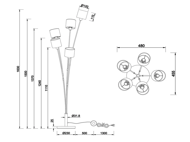 Reality Leuchten Stehleuchte TOMMY 5 Flammig Metall, Stoffschirm Schwarz Gold, Höhe 163cm 6 Reality Leuchten Stehleuchte TOMMY 5 Flammig Metall, Stoffschirm Schwarz Gold, Höhe 163cm – Bild 6