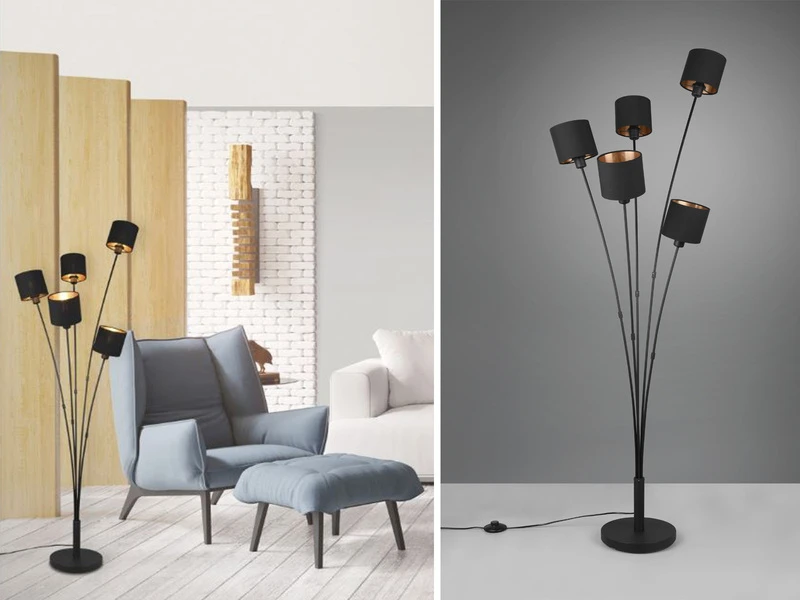 Reality Leuchten Stehleuchte TOMMY 5 Flammig Metall, Stoffschirm Schwarz Gold, Höhe 163cm 1 Reality Leuchten Stehleuchte TOMMY 5 Flammig Metall, Stoffschirm Schwarz Gold, Höhe 163cm