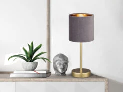 Fischer & Honsel Tischlampe AURA Mit Lampenschirm Samt Grau - Innen Gold Ø 13cm