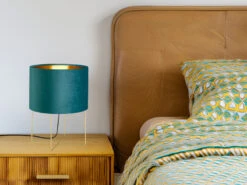 Fischer & Honsel Tischlampe AURA Mit Lampenschirm Samt Türkis - Innen Gold Ø 24cm