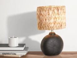 Fischer & Honsel Tischlampe HYAZINTHE Höhe 38,5cm Keramikfuß Schwarz Mit Lampenschirm Aus Seegras