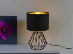 Reality Leuchten Tischleuchte CHUCK Mit Gitterkorpus Und Stoffschirm In Schwarz/Gold Ø20cm